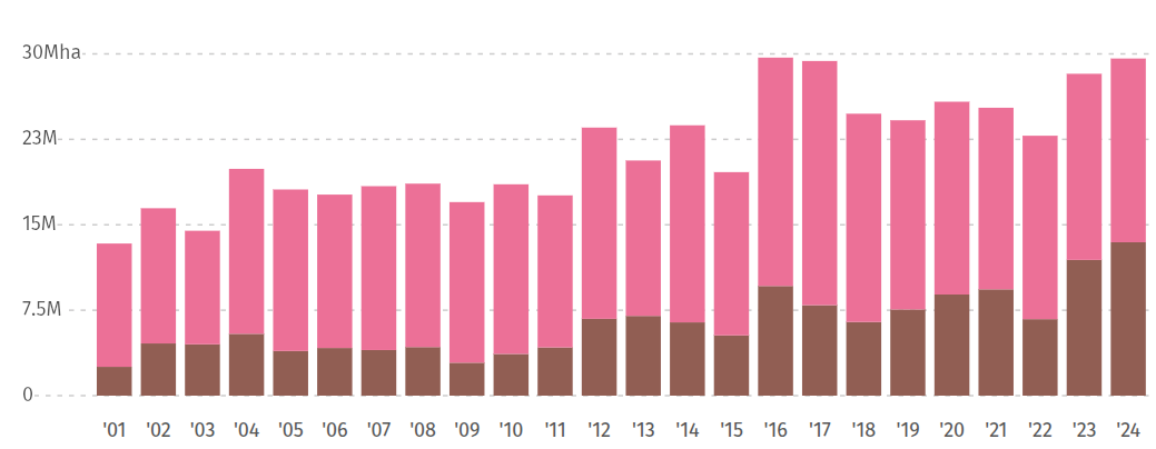 Global forest watch chart showing steady rise in forest loss due to fire 2001-2024