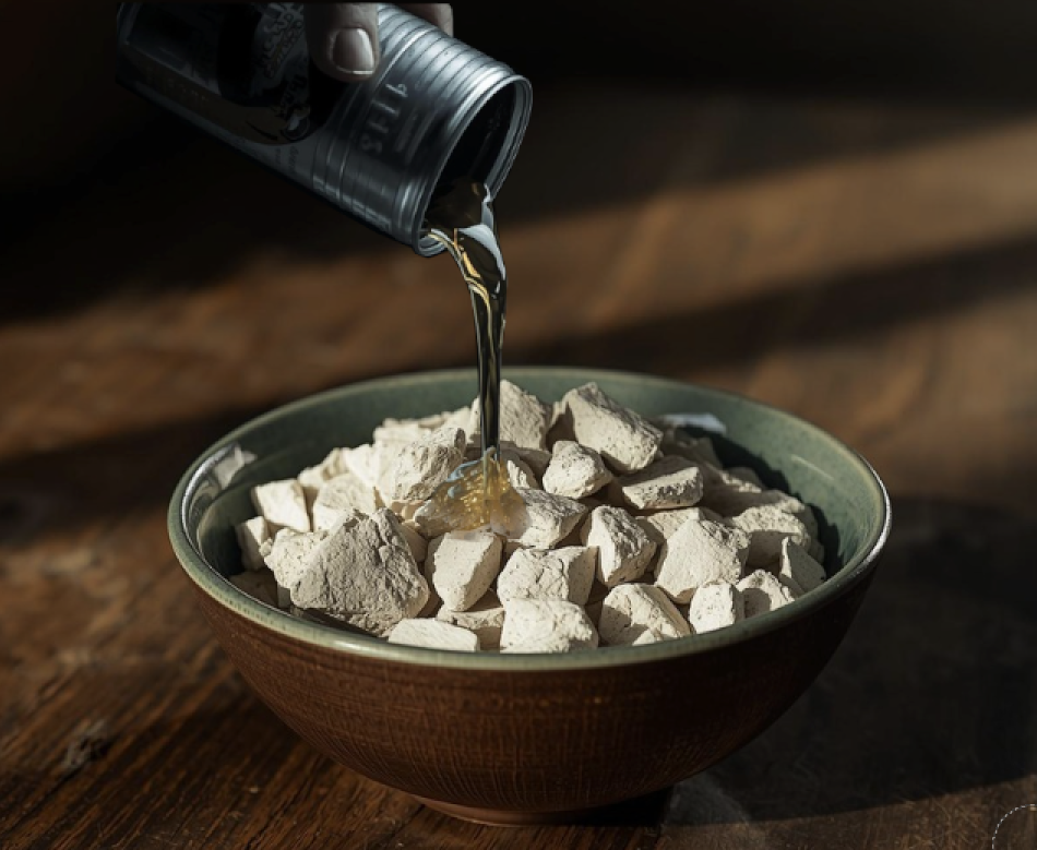 Oil being poured on a bowl of rock phosphate