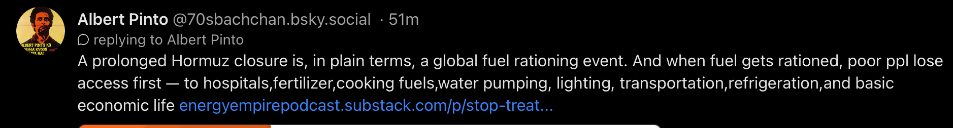 Bluesky post highlighting hormuz closure is a global fuel rationing event