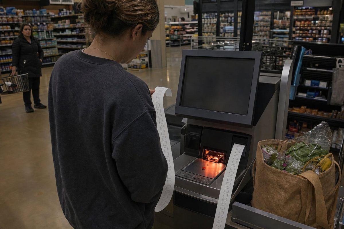 At a grocery self-checkout, a shopper gets a receipt full of empty checkboxes. The transaction worked, but its result makes no sense to a person.