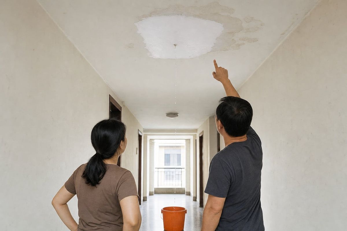 Two neighbors face a freshly repainted ceiling patch already dripping into a bucket. Old watermarks show what the new paint failed to fix.
