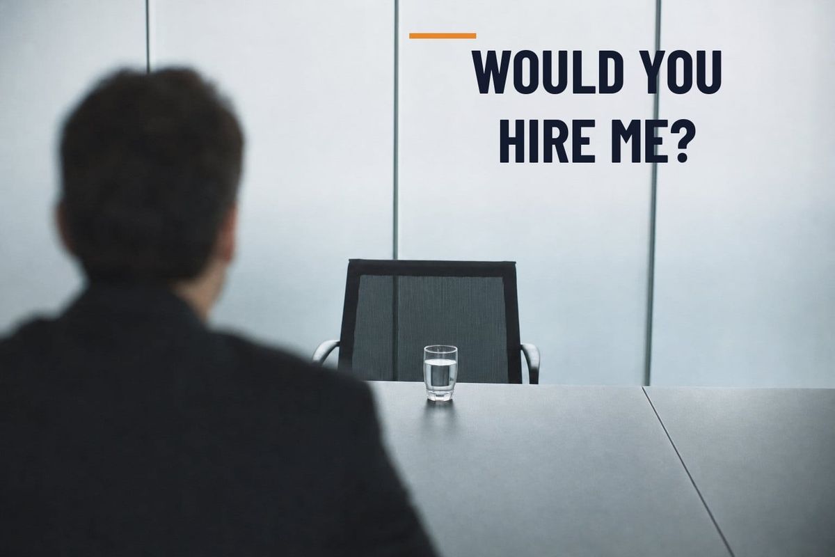 An interviewer faces an empty candidate’s chair across a desk, with a poured glass of water untouched — work may remain even when the person is left out. Headline: "WOULD YOU HIRE ME?"