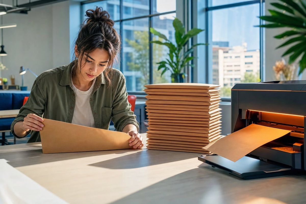 An engineer reviews one packet while steadying a stack of others, and a printer adds one more — proposed work is arriving faster than she can assess it.
