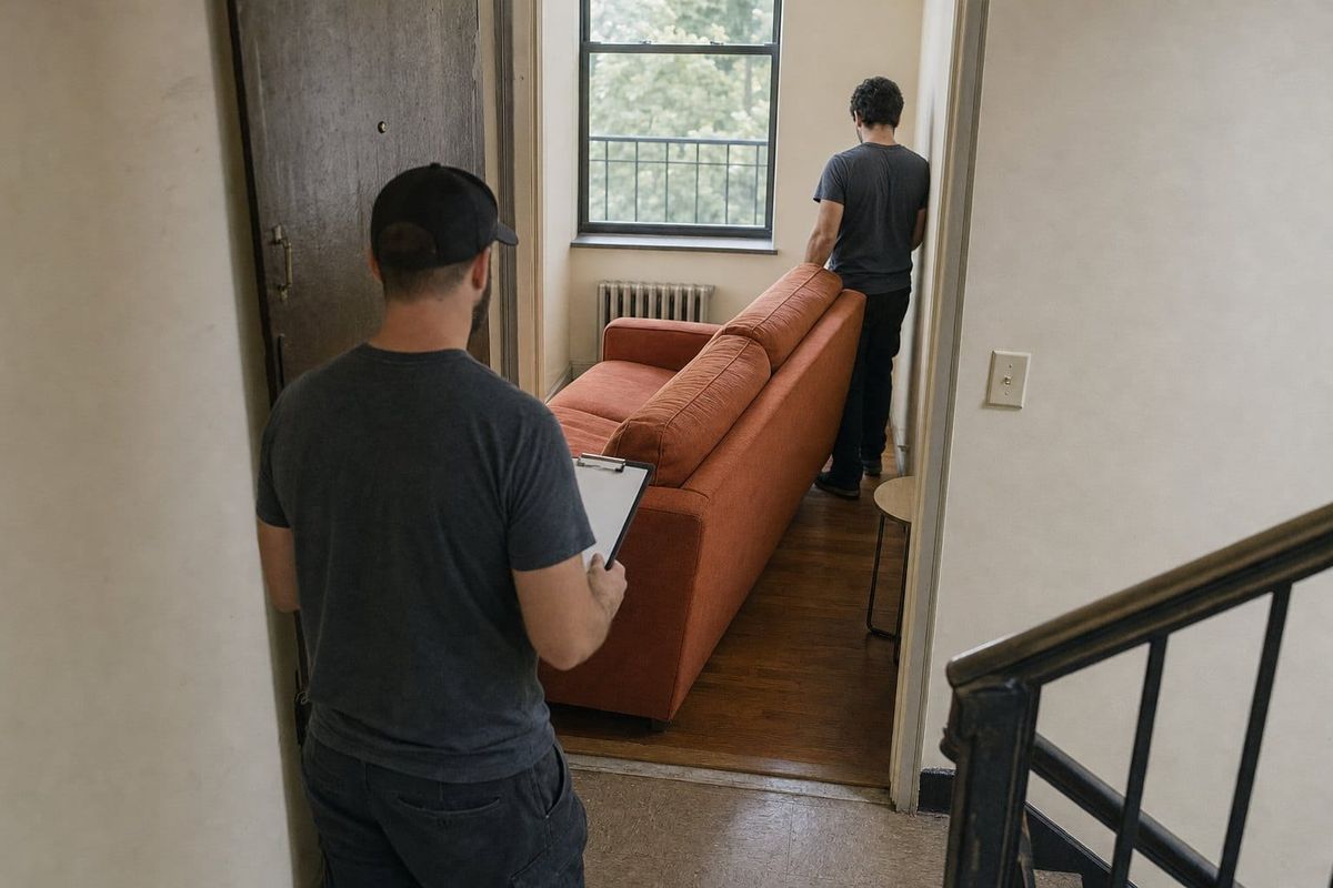 Two movers have got an orange sofa through an apartment doorway, but it hits the far wall before it is fully inside — a local pass that missed the real constraint.