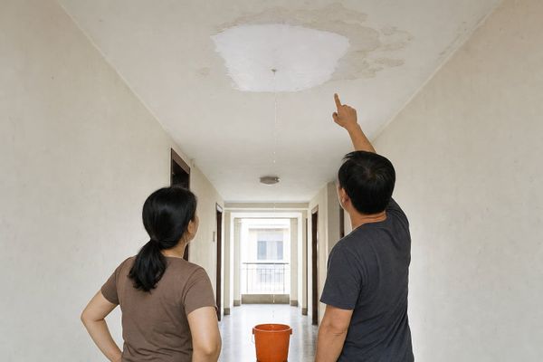 Two neighbors face a freshly repainted ceiling patch already dripping into a bucket. Old watermarks show what the new paint failed to fix.