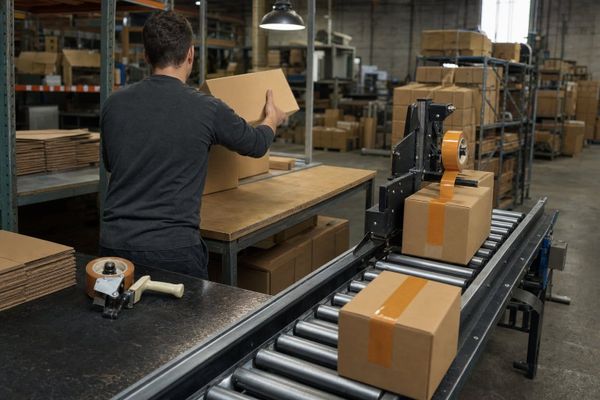 A packer lifts a carton toward a conveyor that seals boxes, while a tape gun lies unused: the work remains, but the old tool is no longer needed.