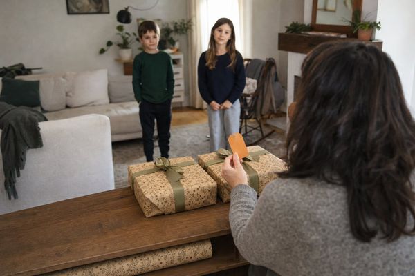 A parent pauses over two identically wrapped gifts as two children wait. Both presents are ready, but nothing shows which belongs to whom.