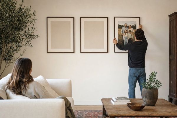 Someone hangs a new family photo beside two empty frames while another person notices the gaps — new work is fixed, but the old work remains unrepaired.