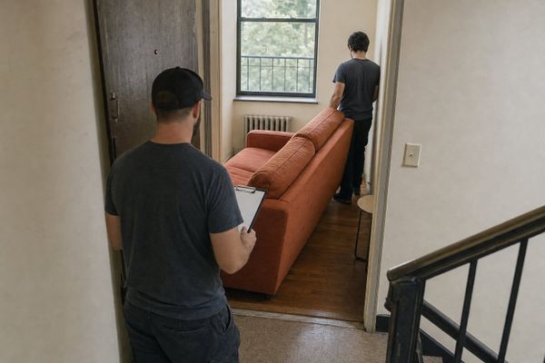 Two movers have got an orange sofa through an apartment doorway, but it hits the far wall before it is fully inside — a local pass that missed the real constraint.