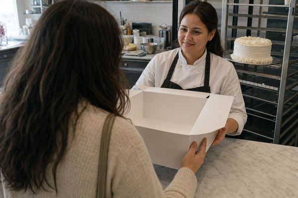 A customer opens an empty cake box at a bakery counter while the decorated white cake remains on a rack behind the baker—completion claimed before the result was checked.