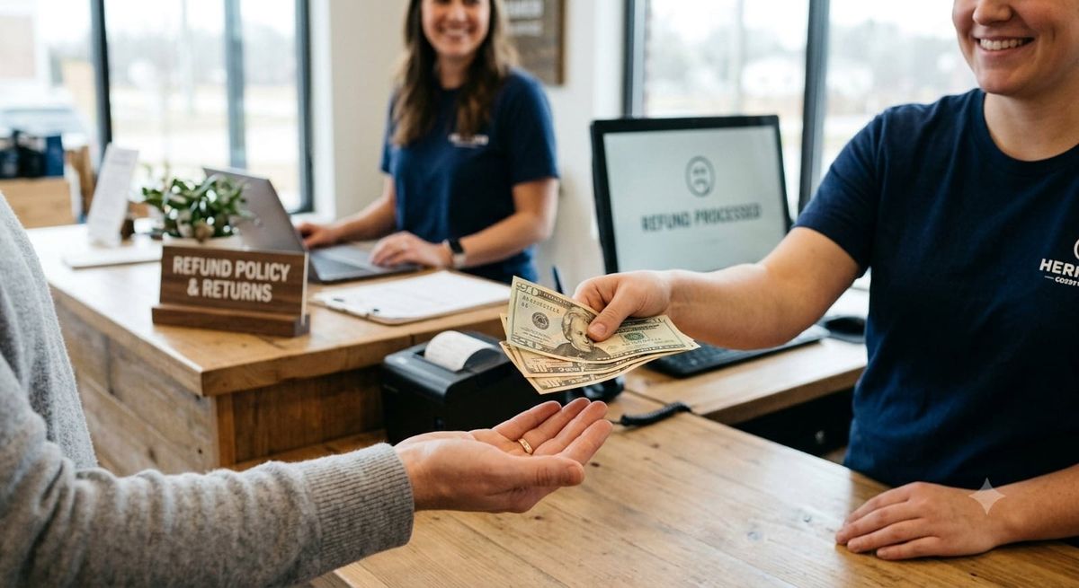 refund counter with people handing back money to customer