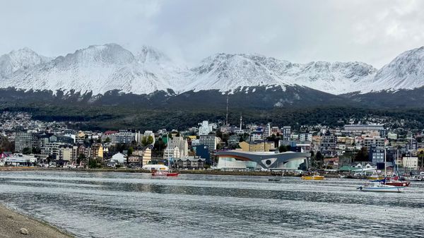 The city of Ushuaia and the mountains behind it