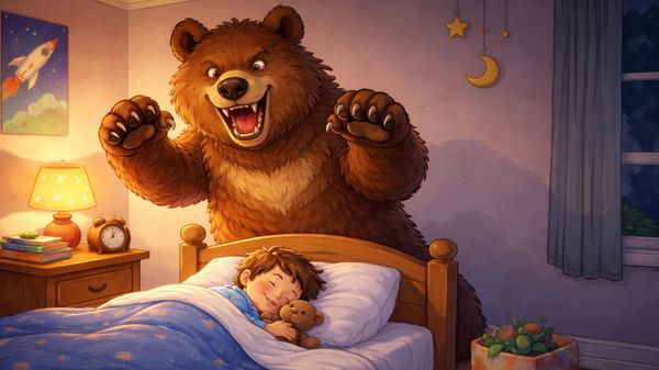 Cartoon of a grizzly bear over a sleeping child