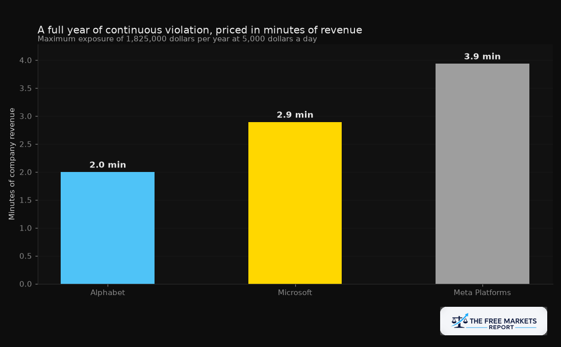Bar chart showing a year of maximum SB 942 penalty as minutes of Alphabet, Microsoft, and Meta revenue