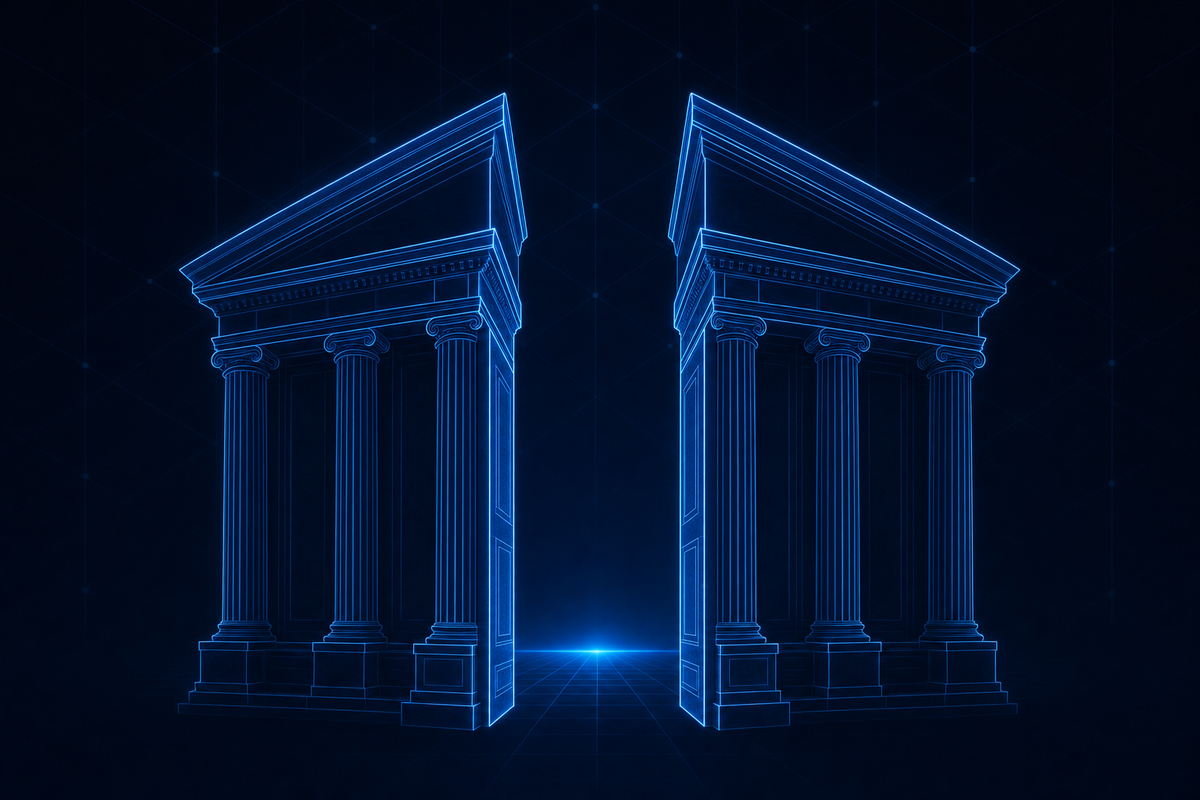 Illustration of a classical bank facade under a dark navy sky representing bank deregulation momentum