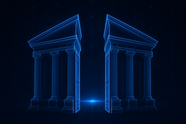 Illustration of a classical bank facade under a dark navy sky representing bank deregulation momentum