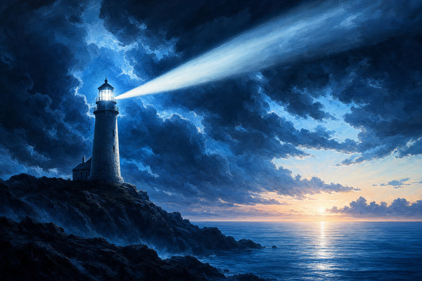 A lighthouse beam cutting through dark storm clouds at dawn, symbolizing a fresh start