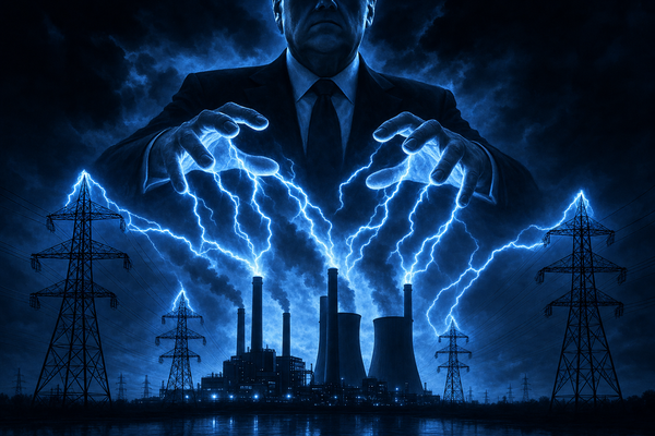Federal authority reaching toward power plants and transmission towers under a dark electric sky