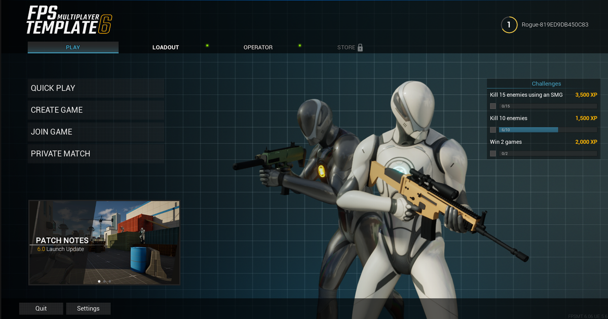 The main menu of FPS Multiplayer Template 6