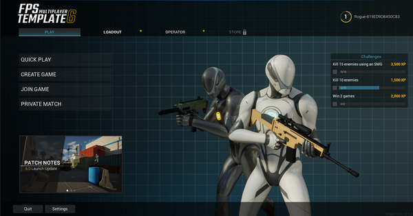 The main menu of FPS Multiplayer Template 6