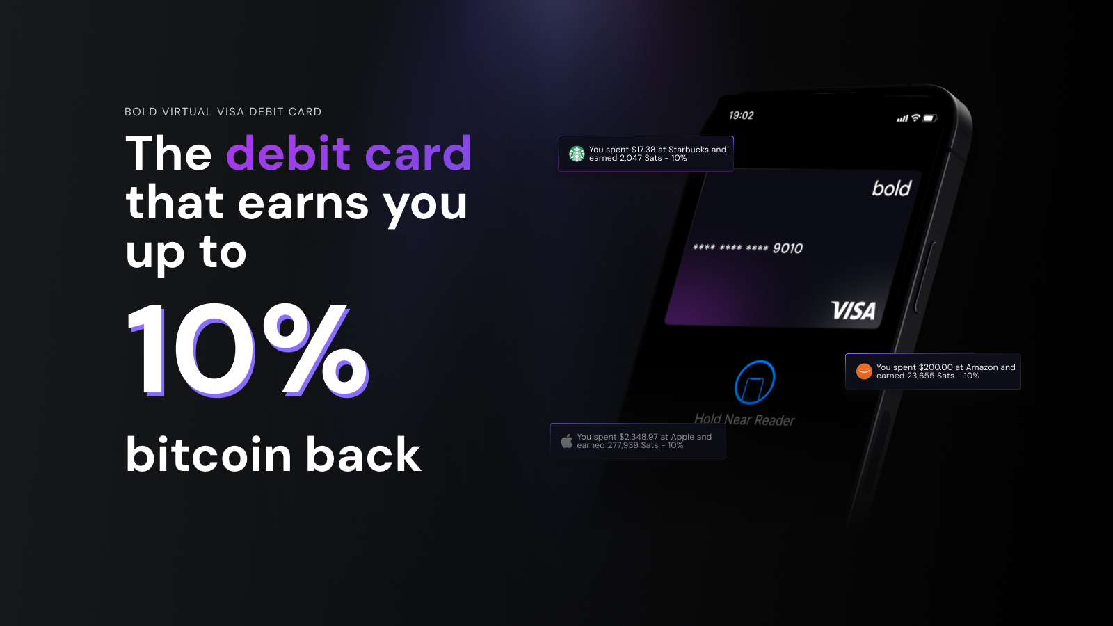 The Bold virtual Visa debit card shown n a mobile phone wallet, with text "The debit card that earns you up to 10% bitcoin back."
