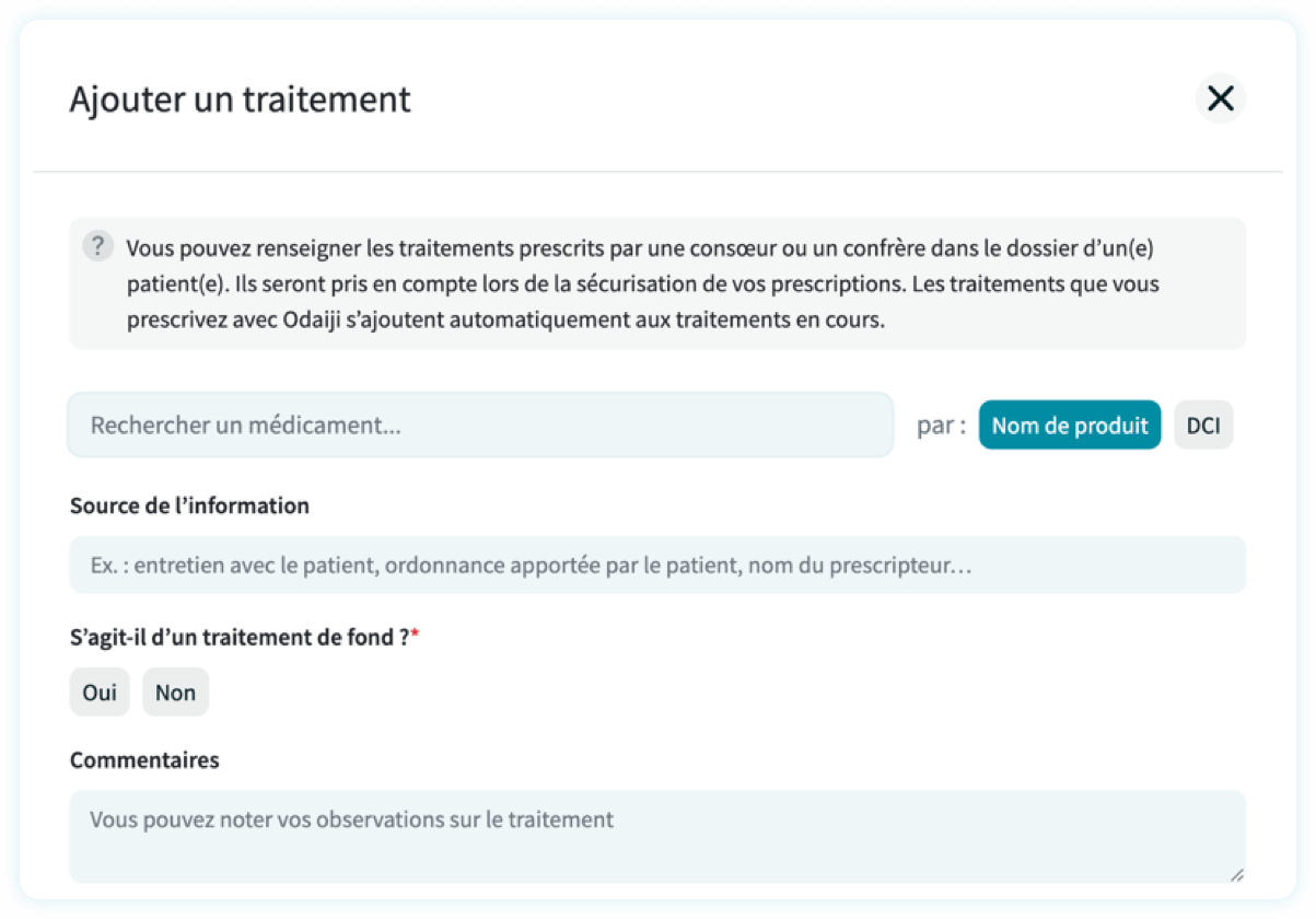 Odaiji - Enregistrer un traitement prescrit hors cabinet dans le dossier patient 