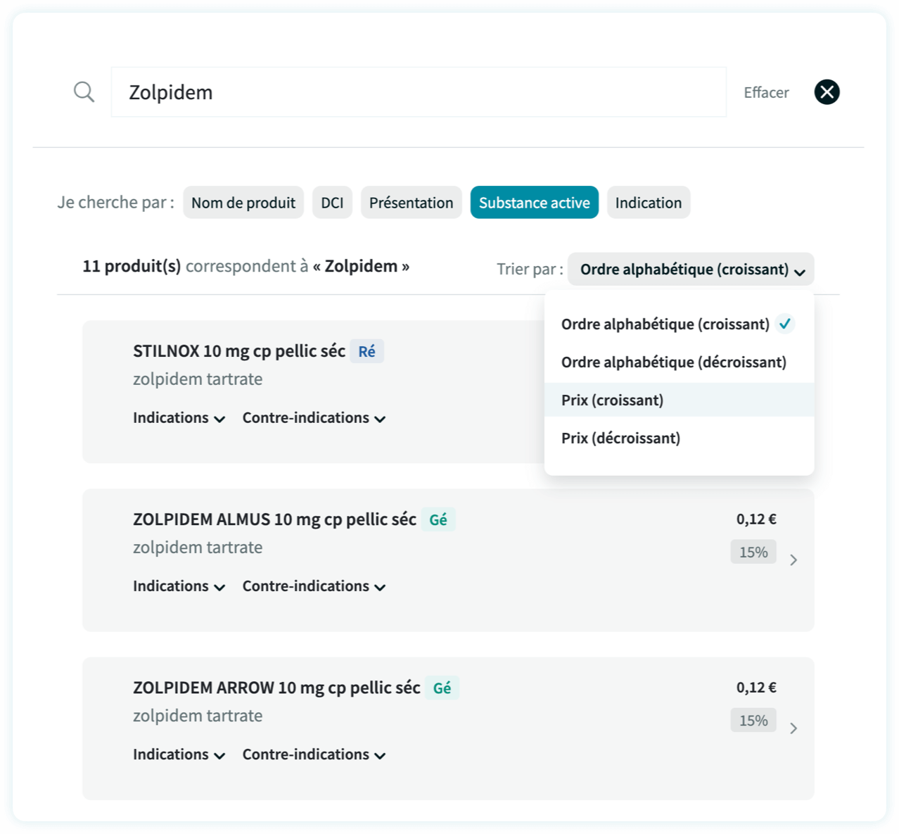 Odaiji - tri des résultats d'une recherche de médicaments