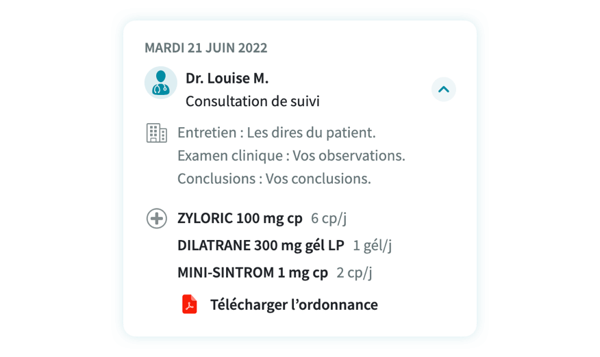 Odaiji - téléchargement d'une ordonnance à partir de l'historique de consultation du patient 