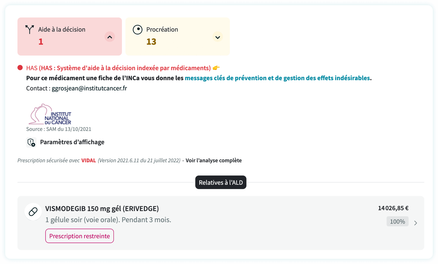 Odaiji - Affichage du message d'un Système d'aide à la décision indexée par médicament (SAM) 