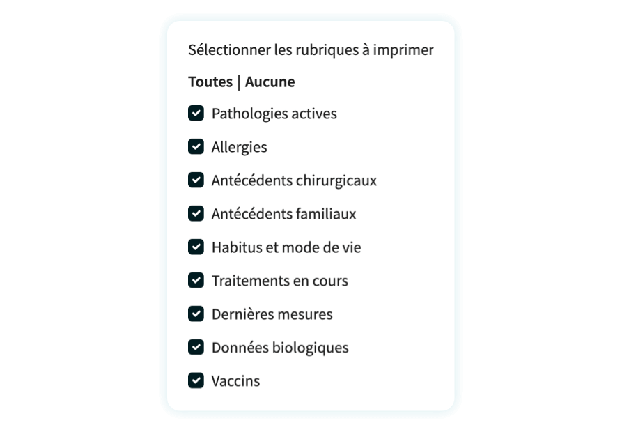 Personnaliser l'impression et l'export des données du profile médical d'un patient