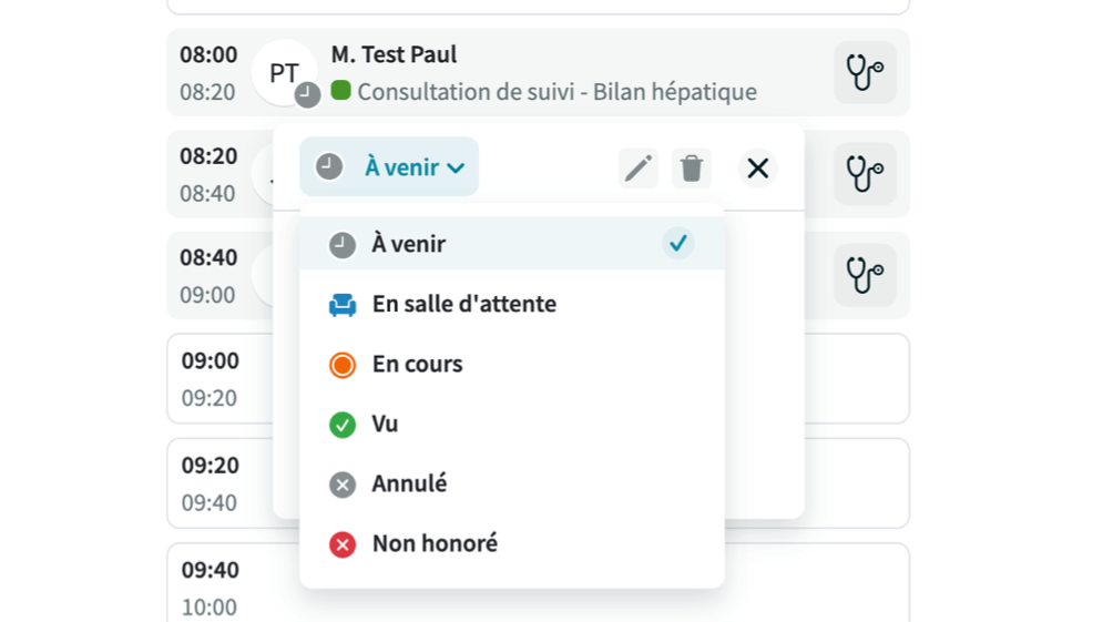 Odaiji - Comment changer le statut d'un rendez-vous patient
