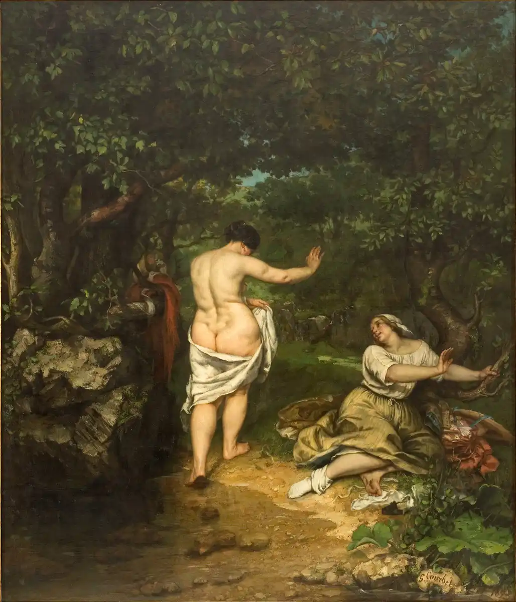 Gustave Courbet, Les Baigneuses, 1853. Huile sur toile, 227 × 193 cm. Montpellier, musée Fabre, don Bruyas 1868. Présenté au Salon de 1853 avec Les Lutteurs et La Fileuse endormie, le tableau y déclenche un scandale unanime. Acheté 3 000 francs-or par Alfred Bruyas.