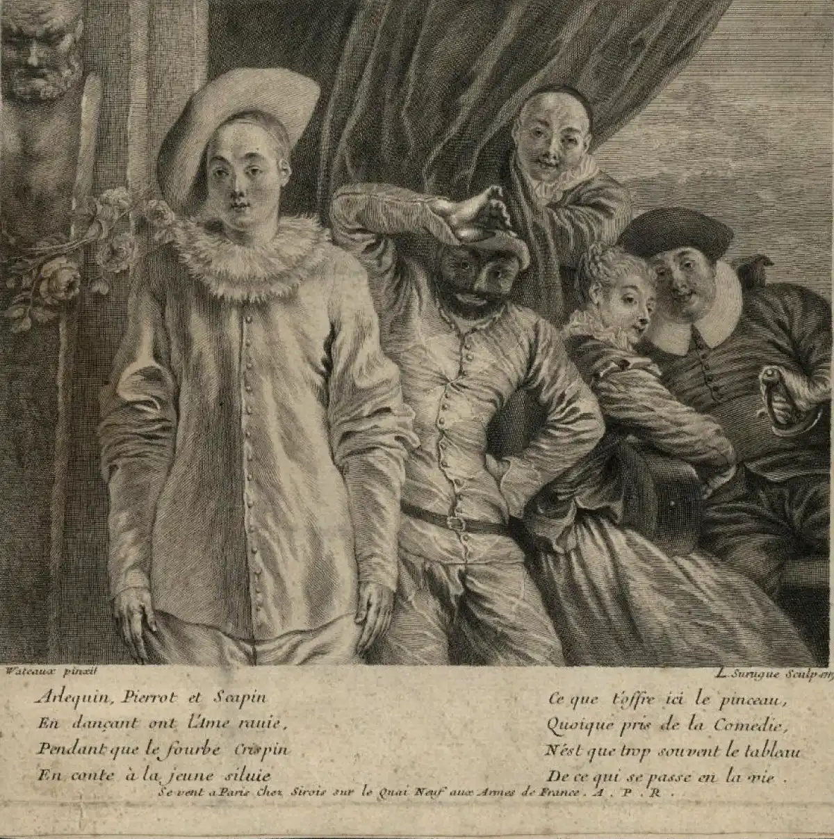 Arlequin, Pierrot, Scapin, Crispin et Silvie. Louis Surugue, graveur. D'après Jean-Antoine Watteau.  1719. Eau-forte et burin. MAH Musée d'art et d'histoire, Ville de Genève. Ancien fonds. N° inventaire : E 2012-0475