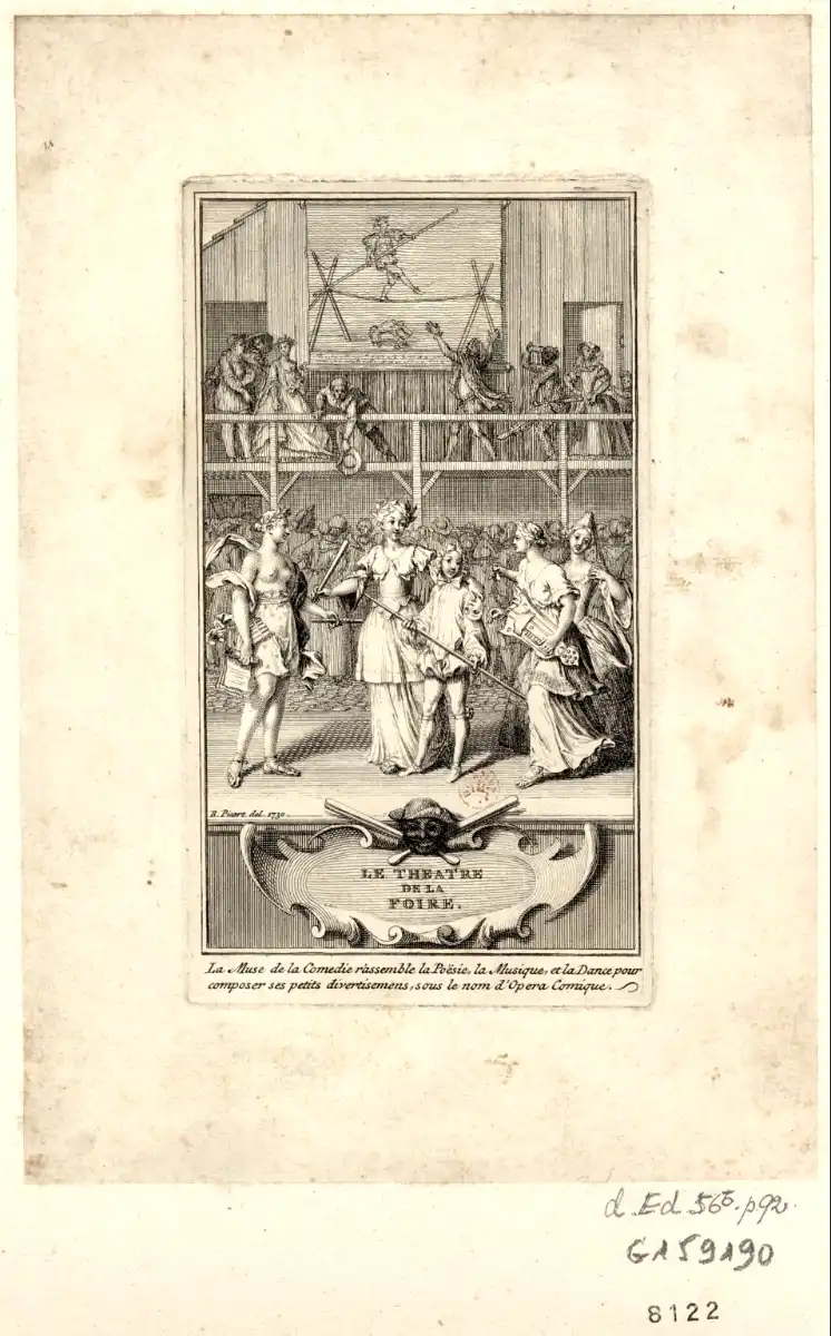 Frontispice de "Le Théatre de la foire". Dessin et gravure de Bernard Picart. 1730. BnF, département des Estampes et de la Photographie, RESERVE QB-201 (93)-FOL.