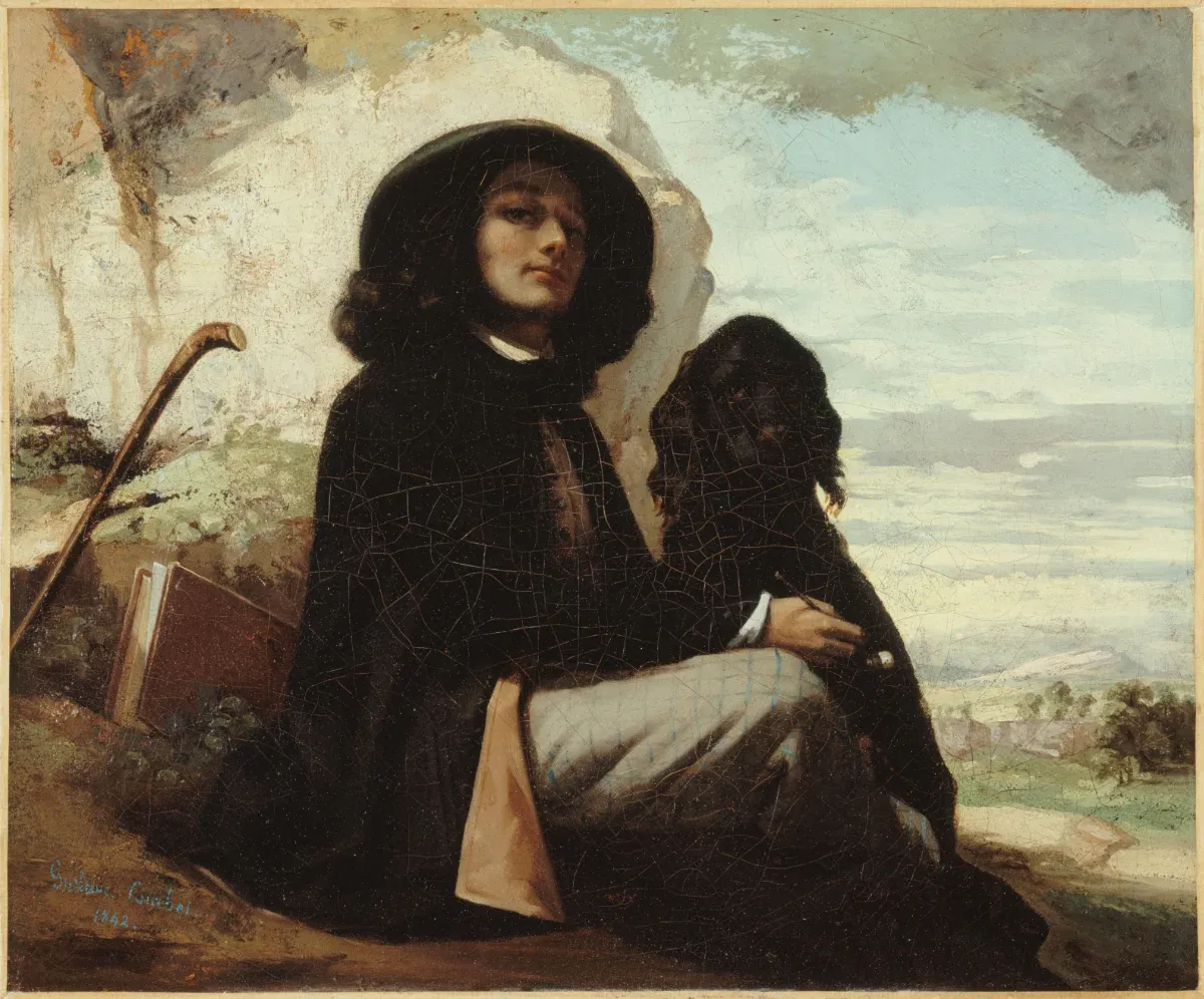 Gustave Courbet, Autoportrait au chien noir, entre 1842 et 1844. Huile sur toile, 46,3 × 55,5 cm. Paris, Petit Palais — musée des Beaux-Arts de la Ville de Paris (inv. PPP 731), don Juliette Courbet, 1909. Première œuvre de Courbet acceptée au Salon, où elle figure en 1844 sous le titre Portrait de l'auteur (n° 414).