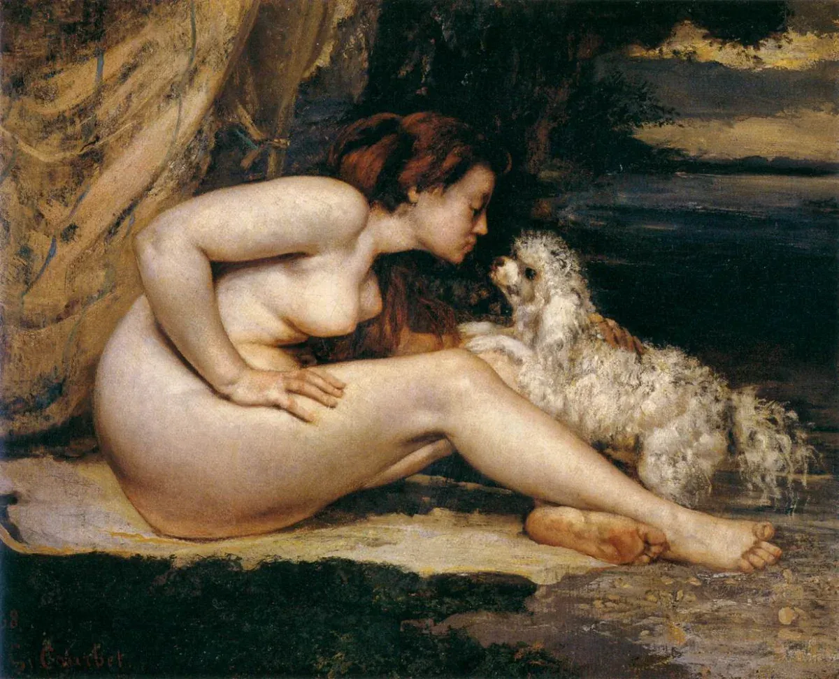 Gustave Courbet, Femme nue au chien, vers 1861-1862. Huile sur toile, 65,5 × 81 cm. Paris, musée d'Orsay (inv. RF 1979 56), acquis par dation en 1979. Le modèle serait Léontine Renaude. La toile porte la date de 1868, année de sa première présentation publique.