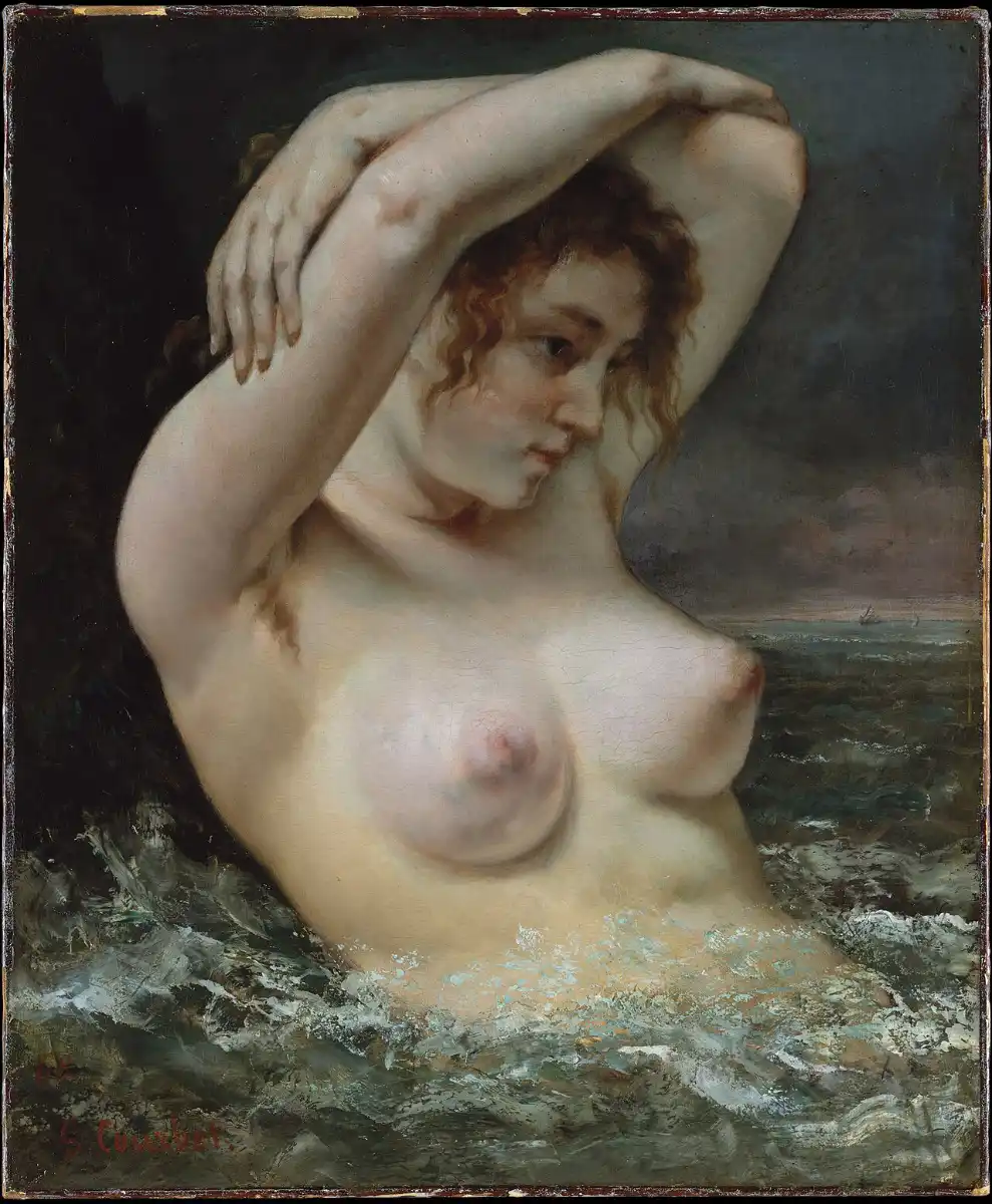 Gustave Courbet, La Femme à la vague, 1868. Huile sur toile, 65,4 × 54 cm. New York, The Metropolitan Museum of Art, collection H. O. Havemeyer (inv. 29.100.62). Exposé au Salon triennal de Gand en 1868, puis au Salon de Bruxelles en 1872.