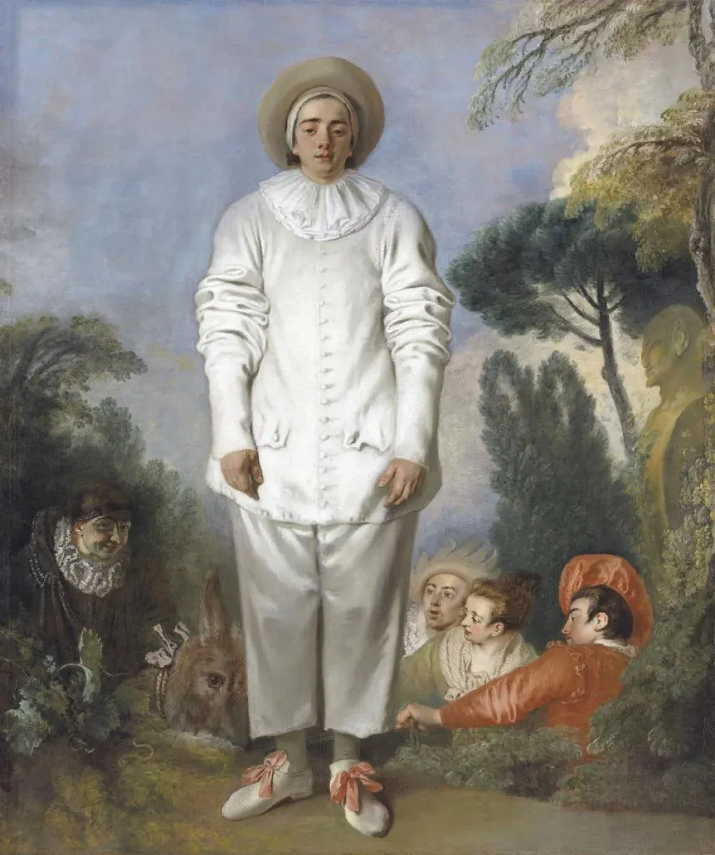 Antoine Watteau. Pierrot, dit autrefois Gilles, vers 1718-1719 Huile sur toile, 184,4 × 155,7 cm (format établi après la restauration de 2022-2024) Paris, musée du Louvre, département des Peintures, legs Louis La Caze, 1869, inv. M.I. 1121