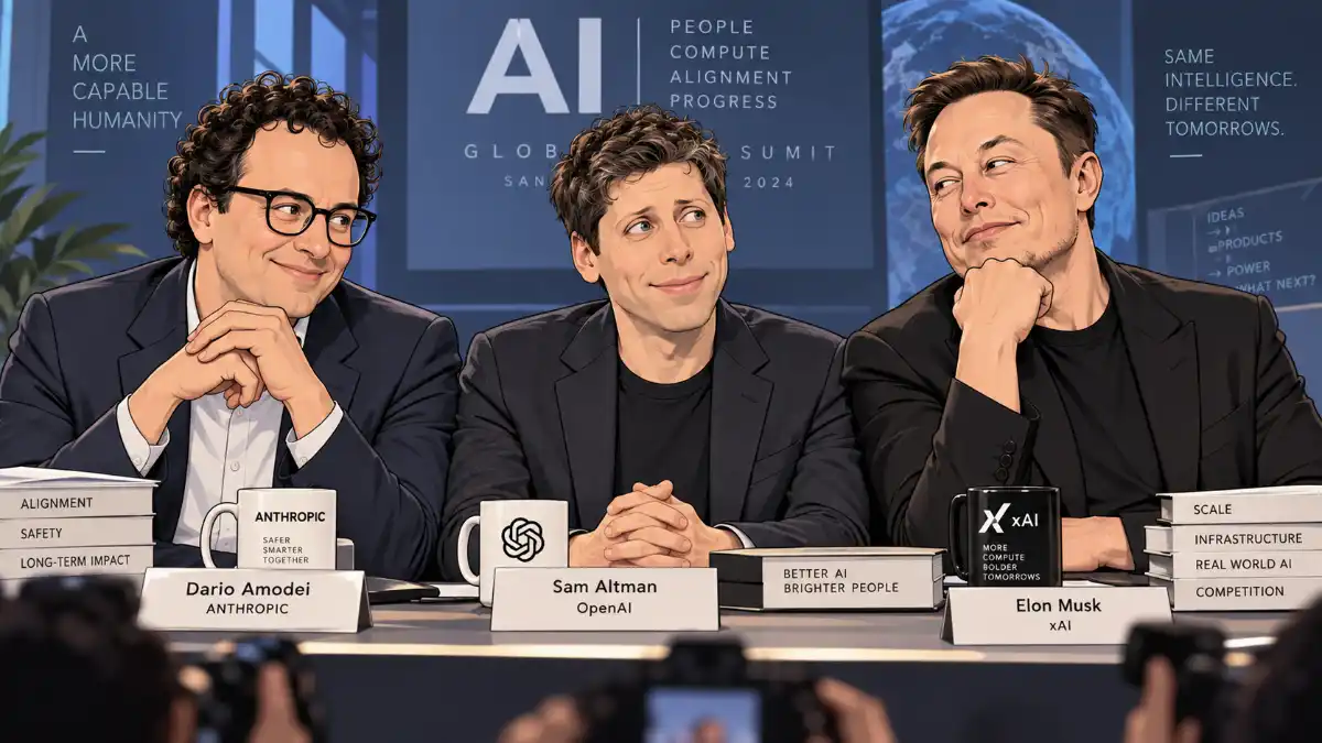 Dario Amodei, Sam Altma, Elon Musk. Illustration.