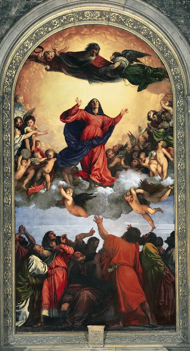 Titien. L'Assomption de la Vierge (Assunta). 1516-1518. Huile sur bois (peuplier), 690 × 360 cm. Venise, basilique Santa Maria Gloriosa dei Frari, maître-autel.
