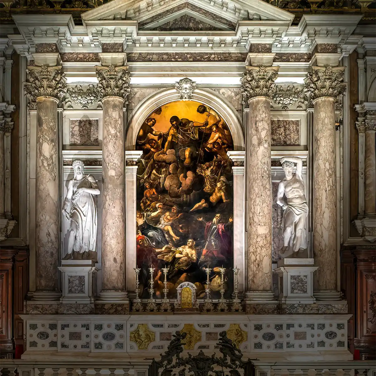 Tintoret. L'Apparition de saint Roch. 1588. Huile sur toile, 495 × 246 cm. Venise, Scuola Grande di San Rocco, salle capitulaire (Sala Superiore), retable de l'autel.