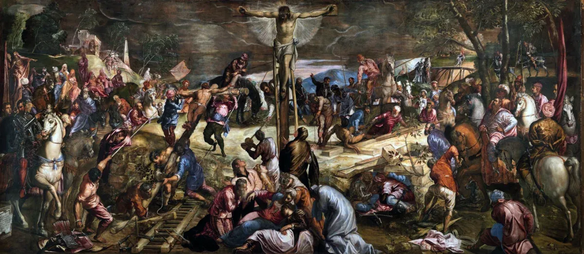 Tintoret. La Crucifixion. 1565. Huile sur toile, 536 × 1224 cm. Venise, Scuola Grande di San Rocco, Sala dell'Albergo.