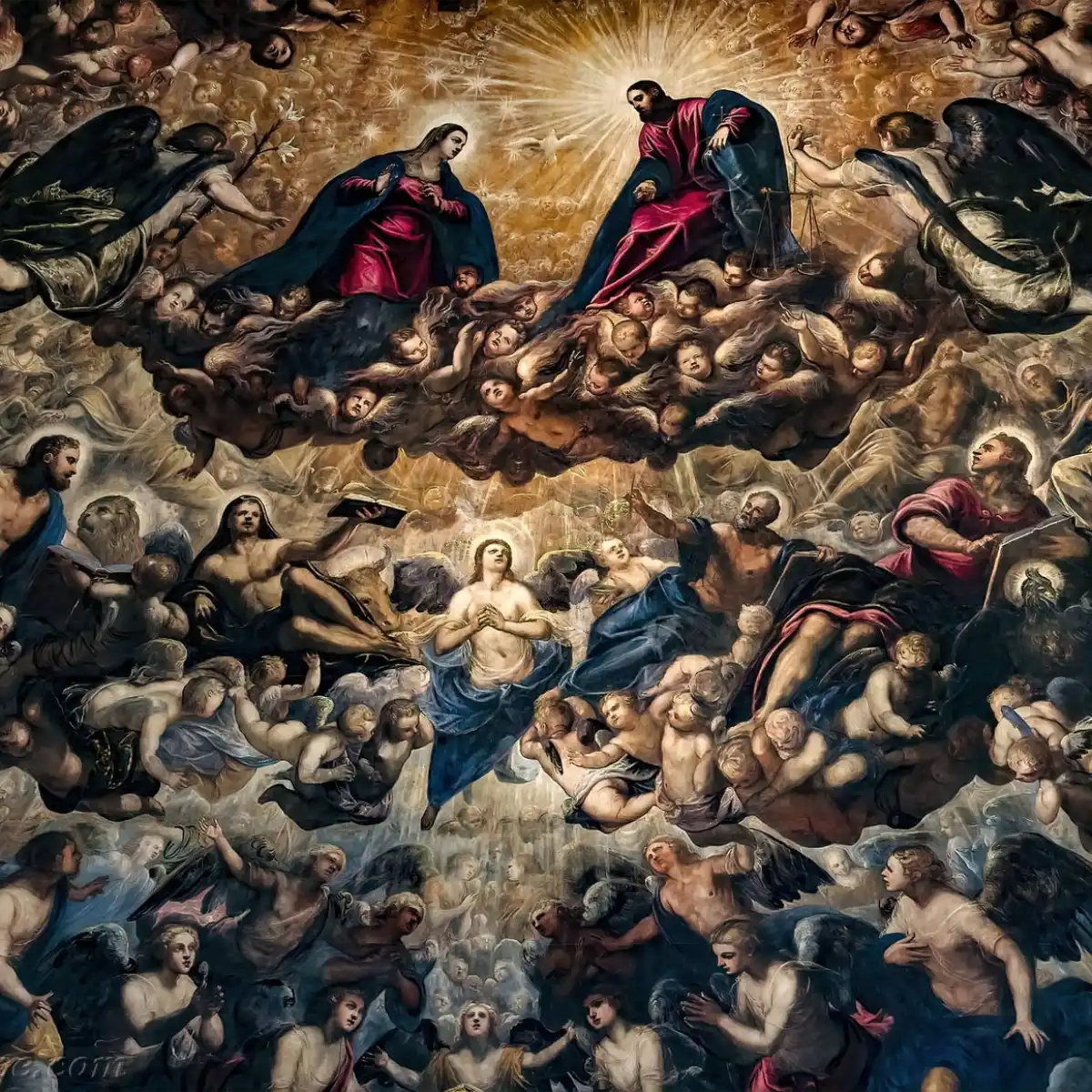 Tintoret. Le Paradis (détail). 1588-1592 environ. Huile sur toile, 765 × 2460 cm. Venise, palais des Doges, salle du Grand Conseil.