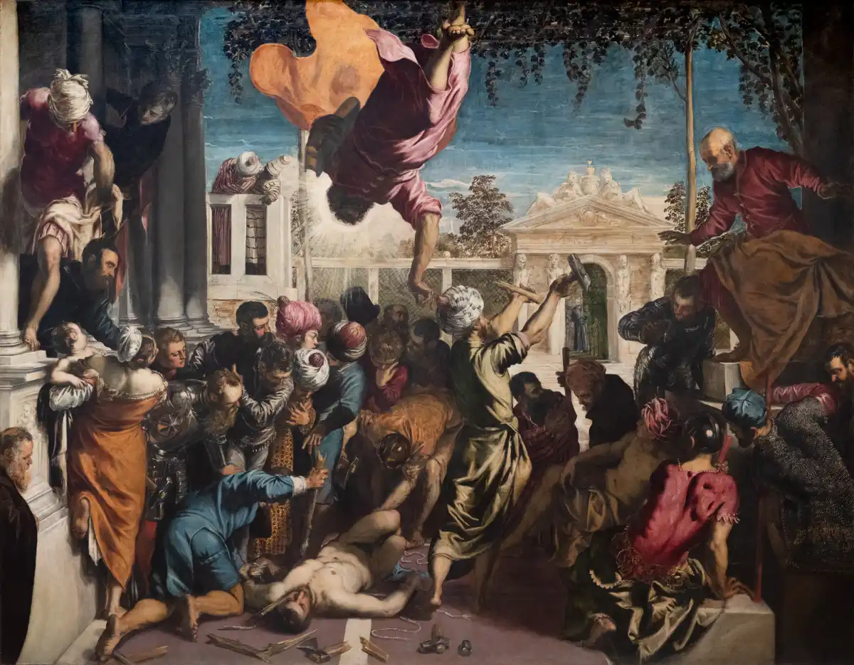 Tintoret. Le Miracle de l'esclave (Saint Marc libérant un esclave, ou Miracle de saint Marc). 1547-1548. Huile sur toile, 415 × 541 cm. Venise, Gallerie dell'Accademia.