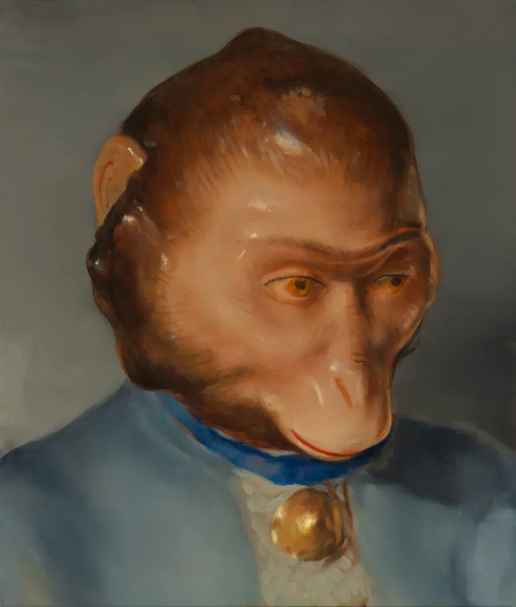 **Michaël Borremans, *The Monkey*, 2023.** Huile sur toile, 83,3 × 71 cm. Collection du Museum Voorlinden, Wassenaar, Pays-Bas.