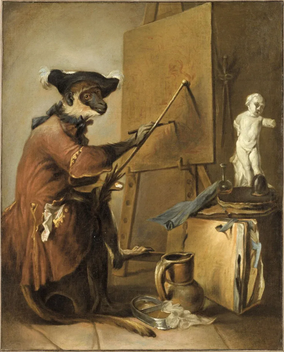 **Jean Siméon Chardin, *Le Singe peintre*, vers 1739-1740.** Huile sur toile, 73 × 59,5 cm. Musée du Louvre, Paris. Legs du docteur Louis La Caze, 1869.