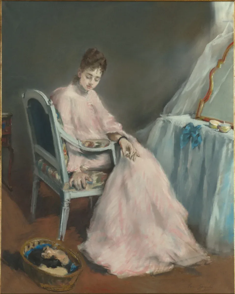 Eva Gonzalès (1849–1883), La Matinée rose, également intitulée La Nichée, 1874. Pastel sur papier et châssis entoilé, 93,8 × 74,3 cm. Paris, musée d’Orsay. Acquis par l’État en 1885, lors de la vente après décès de l’artiste. Inv. RF 12299.