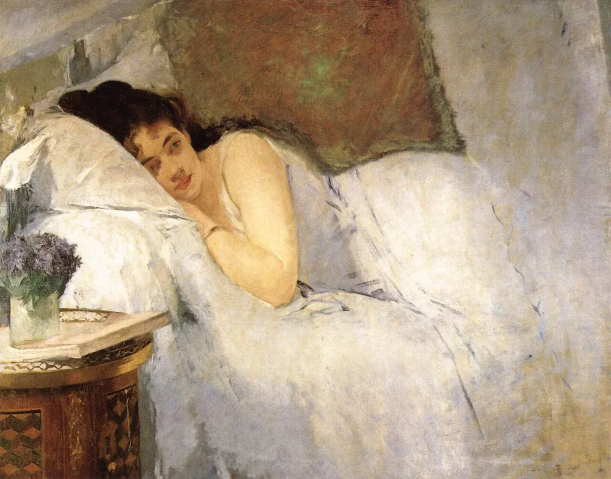 Eva Gonzalès (1849–1883), Le Réveil, vers 1877–1878. Huile sur toile, 81,1 × 100,1 cm. Brême, Kunsthalle Bremen – Der Kunstverein in Bremen. Acquis en 1960. Inv. 827-1960/28.