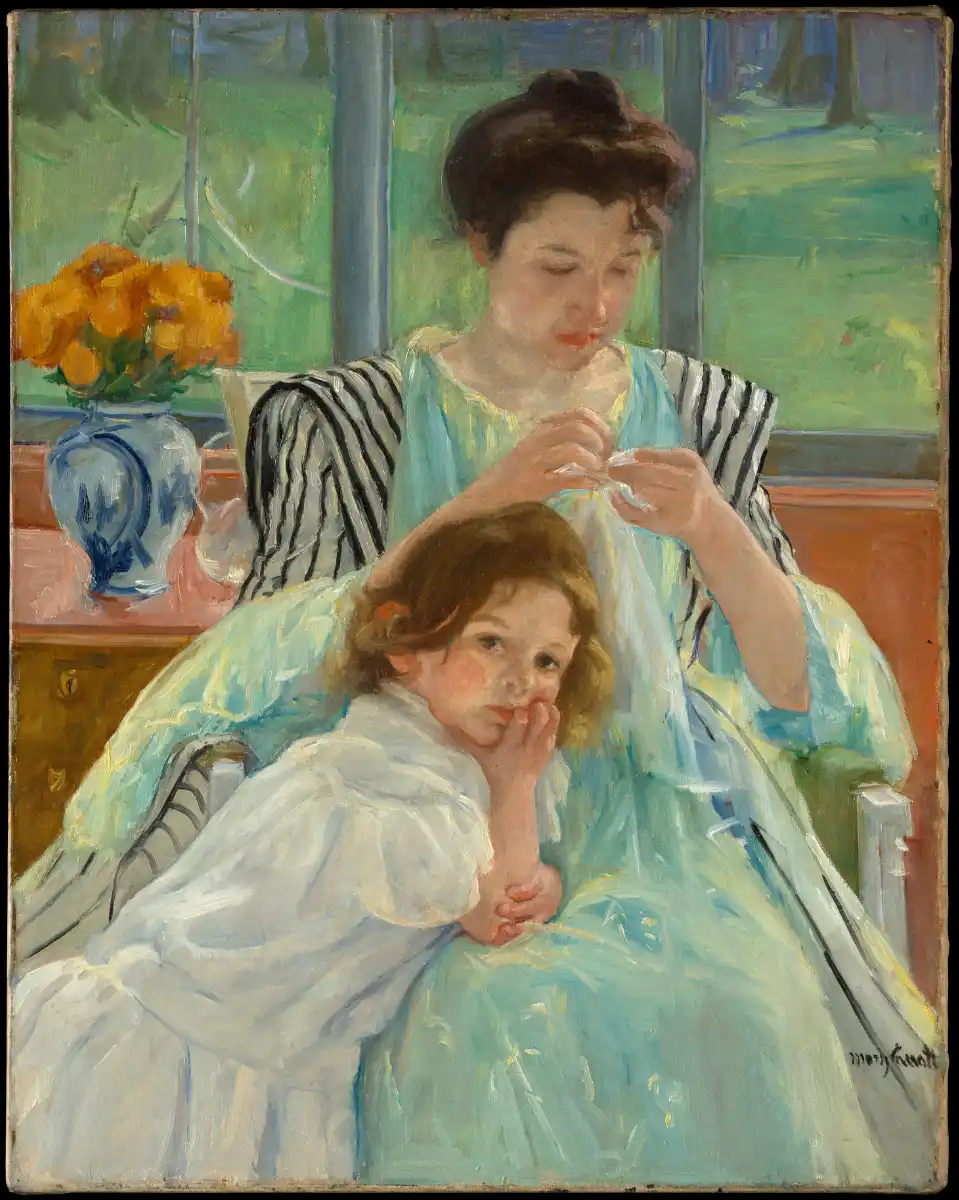 Mary Cassatt, Jeune mère cousant, 1900. Huile sur toile, 92,4 × 73,7 cm. New York, Metropolitan Museum of Art, collection H. O. Havemeyer, legs de Mme H. O. Havemeyer, 1929, inv. 29.100.48.