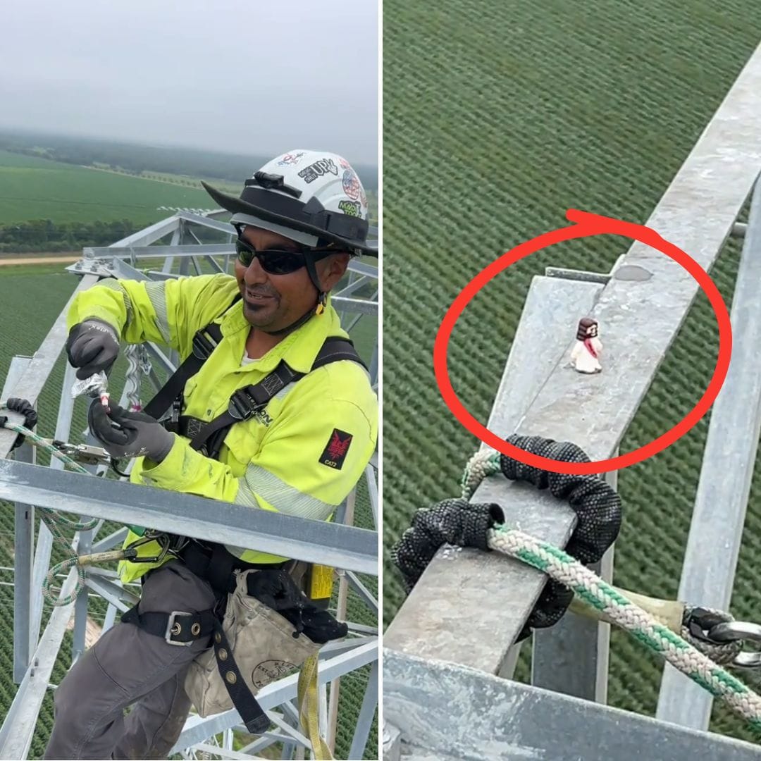 Lineman Glues Tiny Jesus Figurines on Transmission Tower for Co-Workers to Find